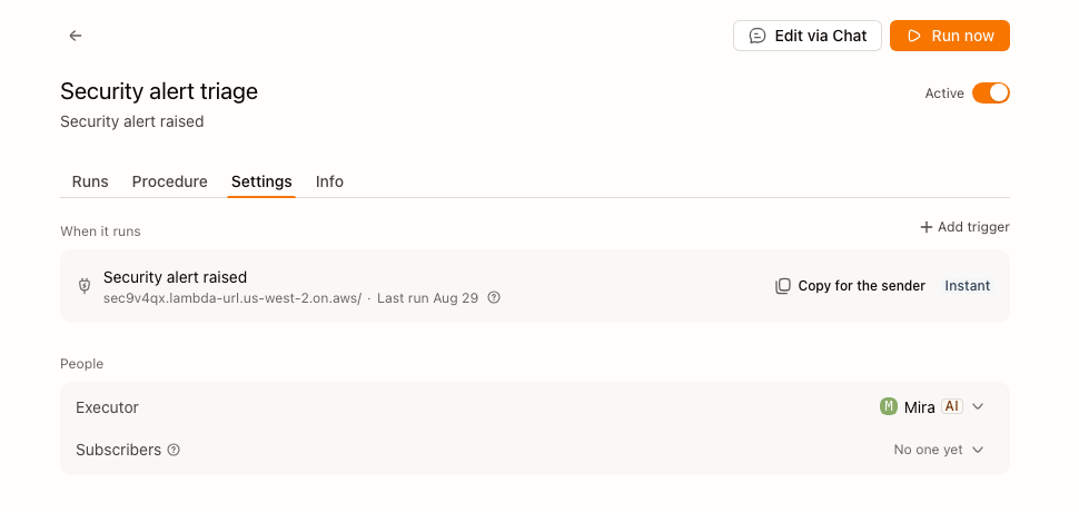An event trigger: a webhook, an Instant cadence, and no form pretending otherwise