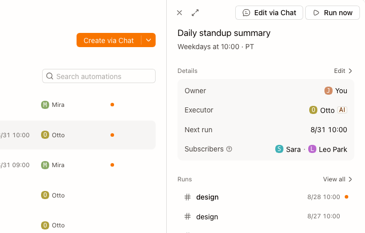 Run now, Edit via Chat, and an Edit link on the facts