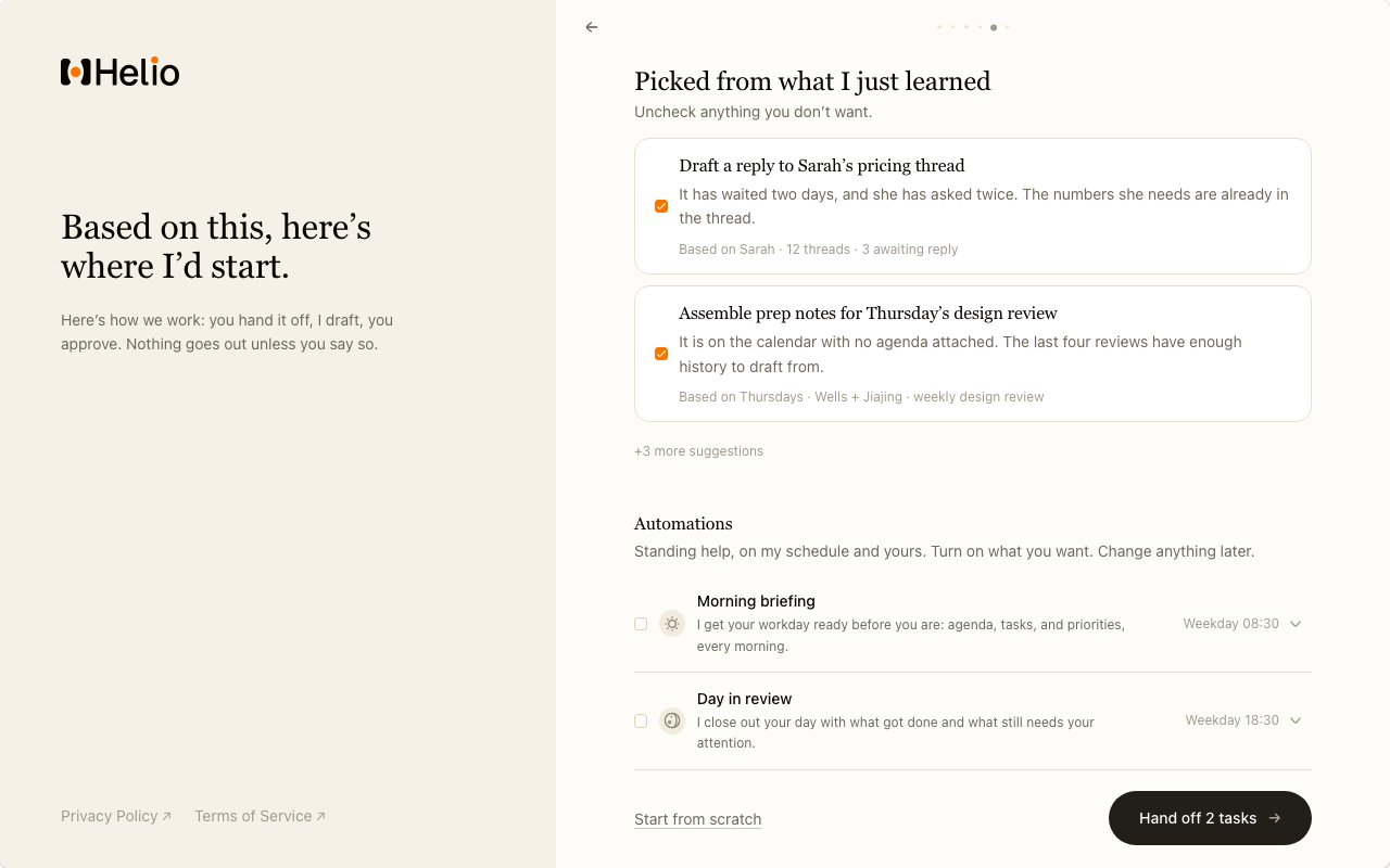 The handoff: tasks with Based-on citations, automations opting in under their own schedules